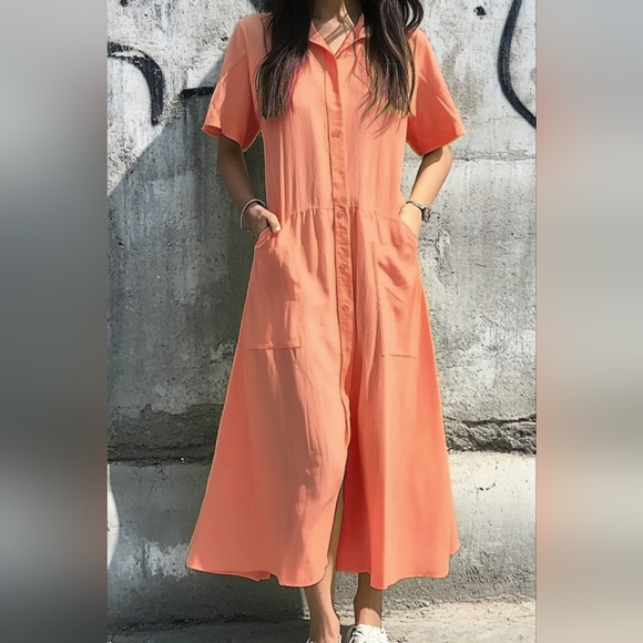 "An Elegant Woman" Dresses & Skirts - NWT- Linen Texture "An Elegant Woman" Boutique Orange Midi Shirtdress - Size L